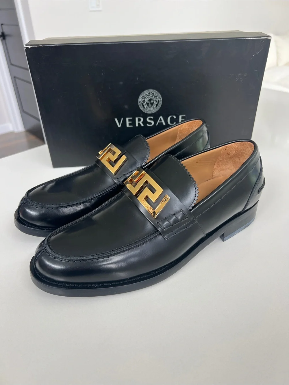 Versace black leather gold tone hardware loafers size 41